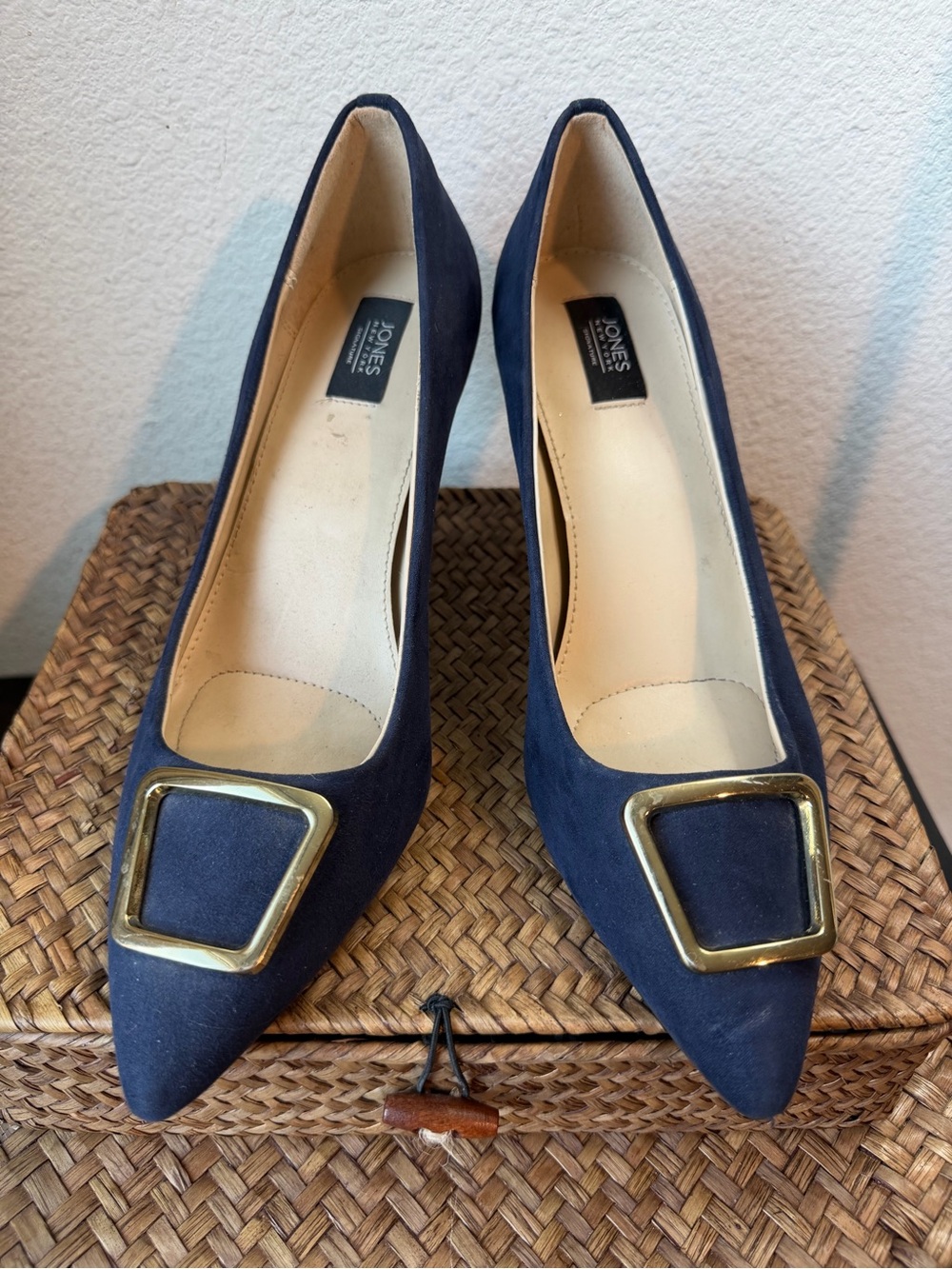 Jones New York Navy Pointed Toe Pumps with Gold Buckle